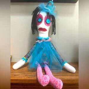 Handcrafted Rag Cloth Ugly Doll 20” Homemade Blue Weird Funky Whimsygoth Quirky